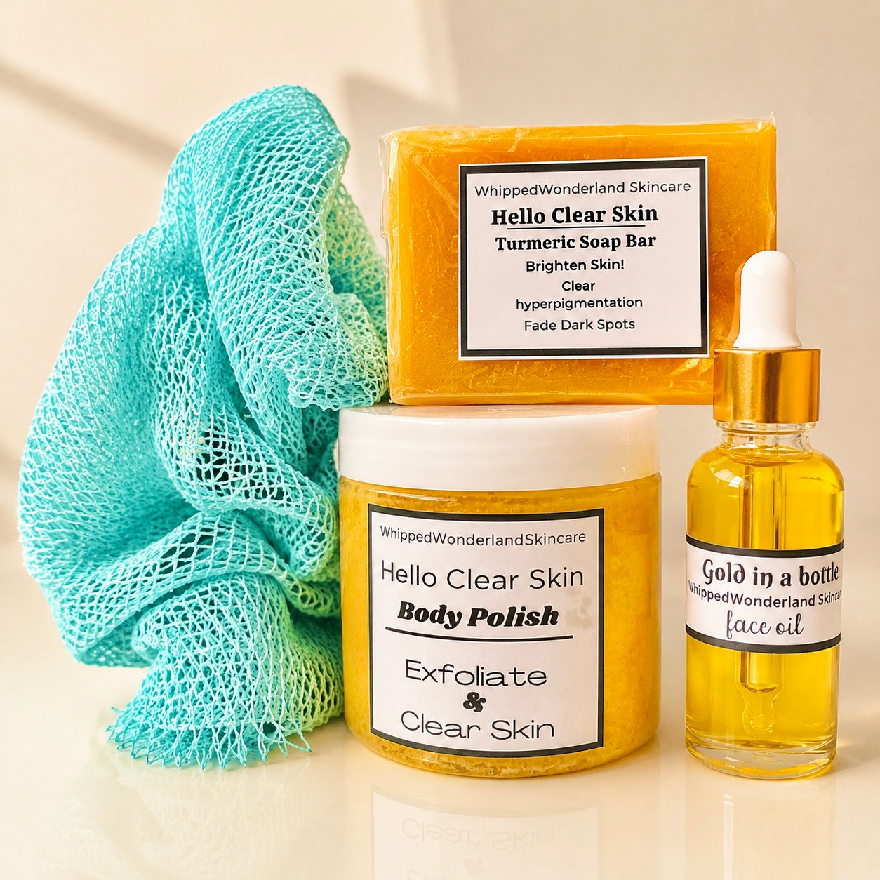 The Glow Reset Bundle- Aloe Vera Turmeric Soap, Turmeric Body Polish, African Net Sponge & Gold in a bottle face Oil