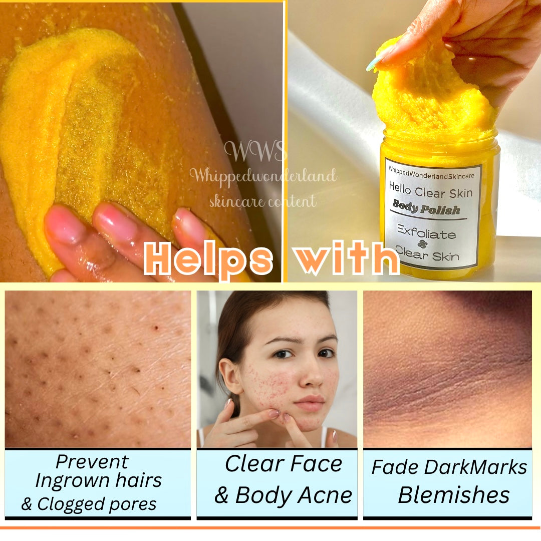 Hello Clear Skin’ Turmeric Body Polish- Turmeric Bodyscrub, Darkmark removal skincare, Natural Brightening Skincare, Uneven Skin tone skincare products