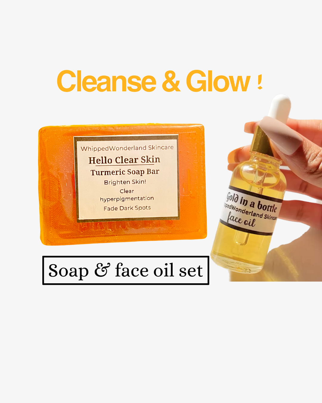 Cleanse & Glow duo- Hello clear skin turmeric soap and Gold in a bottle face serum set