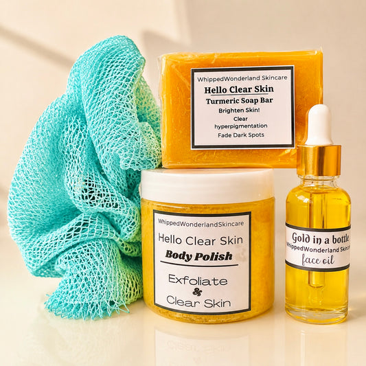 The Glow Reset Bundle- Aloe Vera Turmeric Soap, Turmeric Body Polish, African Net Sponge & Gold in a bottle face Oil
