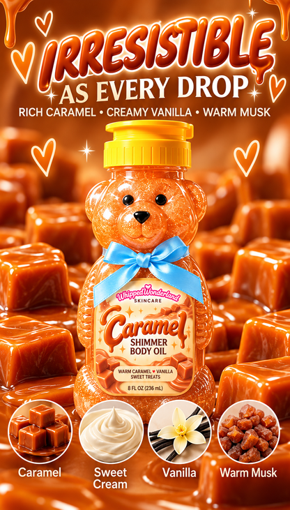 Caramel Shimmer Teddy Bear Body Oil – Moisturizing Body Glow Oil, Golden Shimmer, Warm Caramel Vanilla Scent, 8 oz