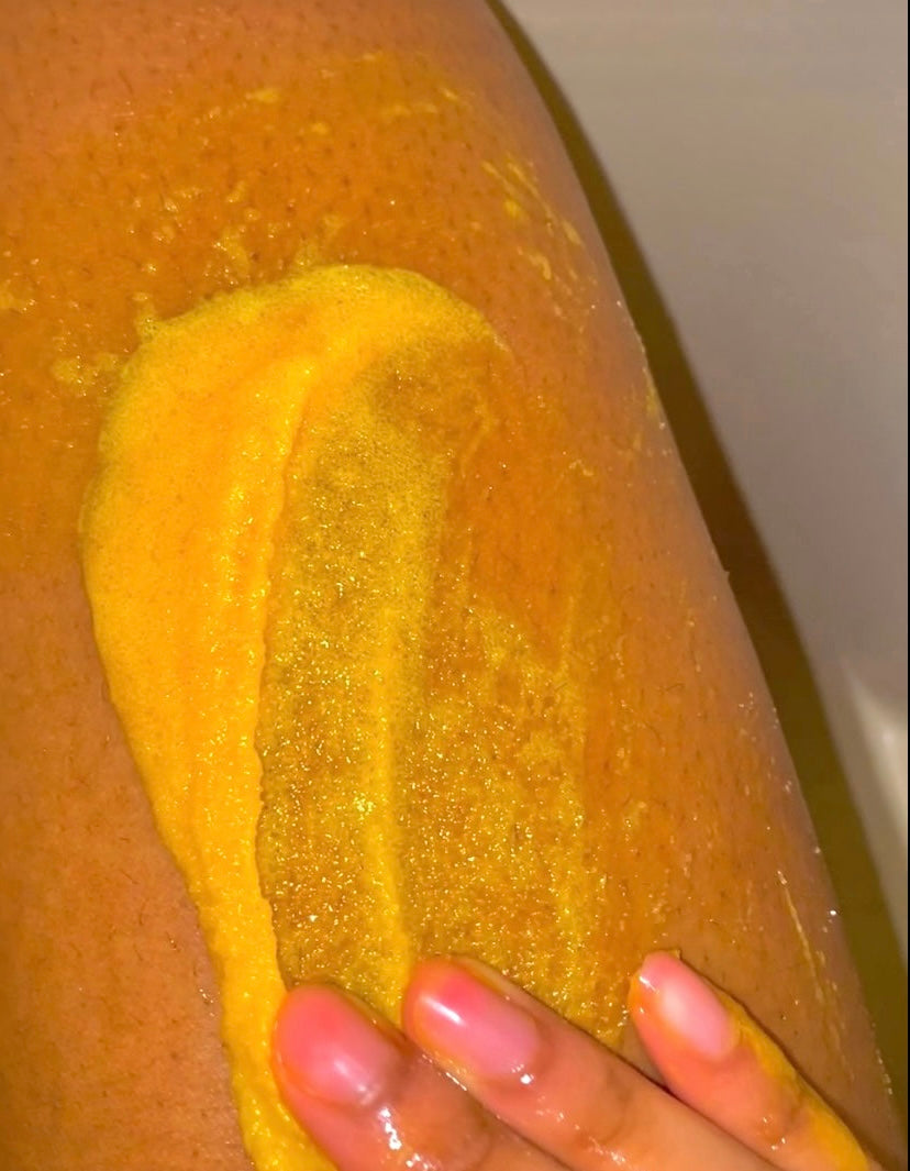 Hello Clear Skin’ Turmeric Body Polish- Turmeric Bodyscrub, Darkmark removal skincare, Natural Brightening Skincare, Uneven Skin tone skincare products