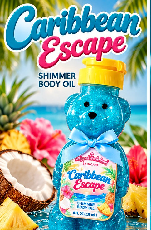 Caribbean Escape Shimmer Teddy Bear Body Oil 8oz | Tropical Coconut & Pineapple Scent, Moisturizing Body Glow Oil, Blue Shimmer