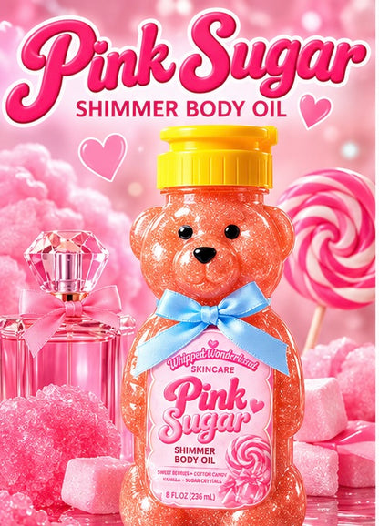Pink Sugar Shimmer Teddy Bear Body Oil 8oz | Moisturizing Body Glow Oil, Sweet Cotton Candy & Vanilla Scent, Pink Glitter Shimmer