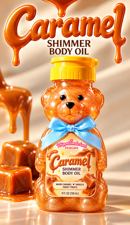 Caramel Shimmer Teddy Bear Body Oil – Moisturizing Body Glow Oil, Golden Shimmer, Warm Caramel Vanilla Scent, 8 oz