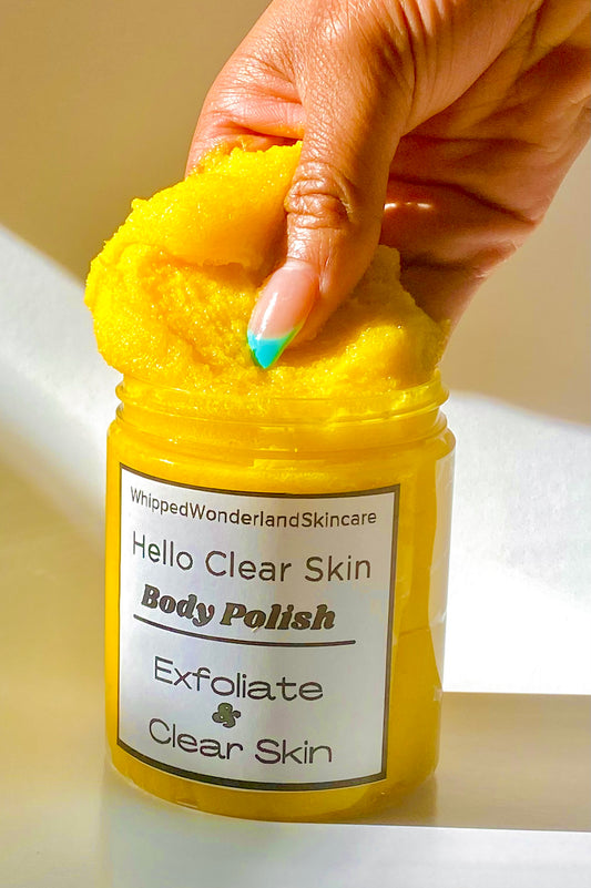 Hello Clear Skin’ Turmeric Body Polish- Turmeric Bodyscrub, Darkmark removal skincare, Natural Brightening Skincare, Uneven Skin tone skincare products