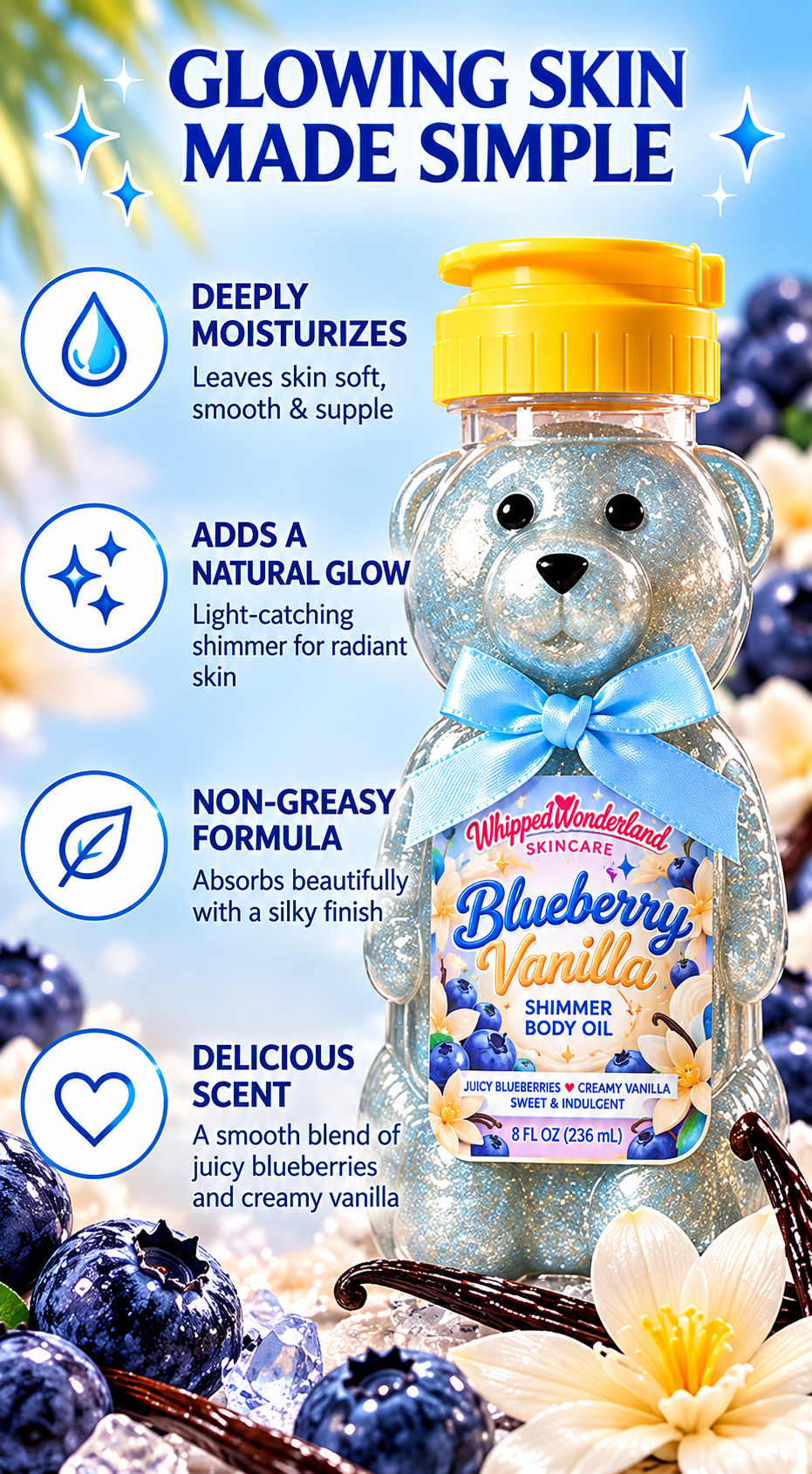🫐 Blueberry Vanilla Teddy Bear Shimmer Body Oil – Moisturizing Body Glow Oil, Sweet Fruity Vanilla Scent, Radiant Skin Shimmer, 8 oz