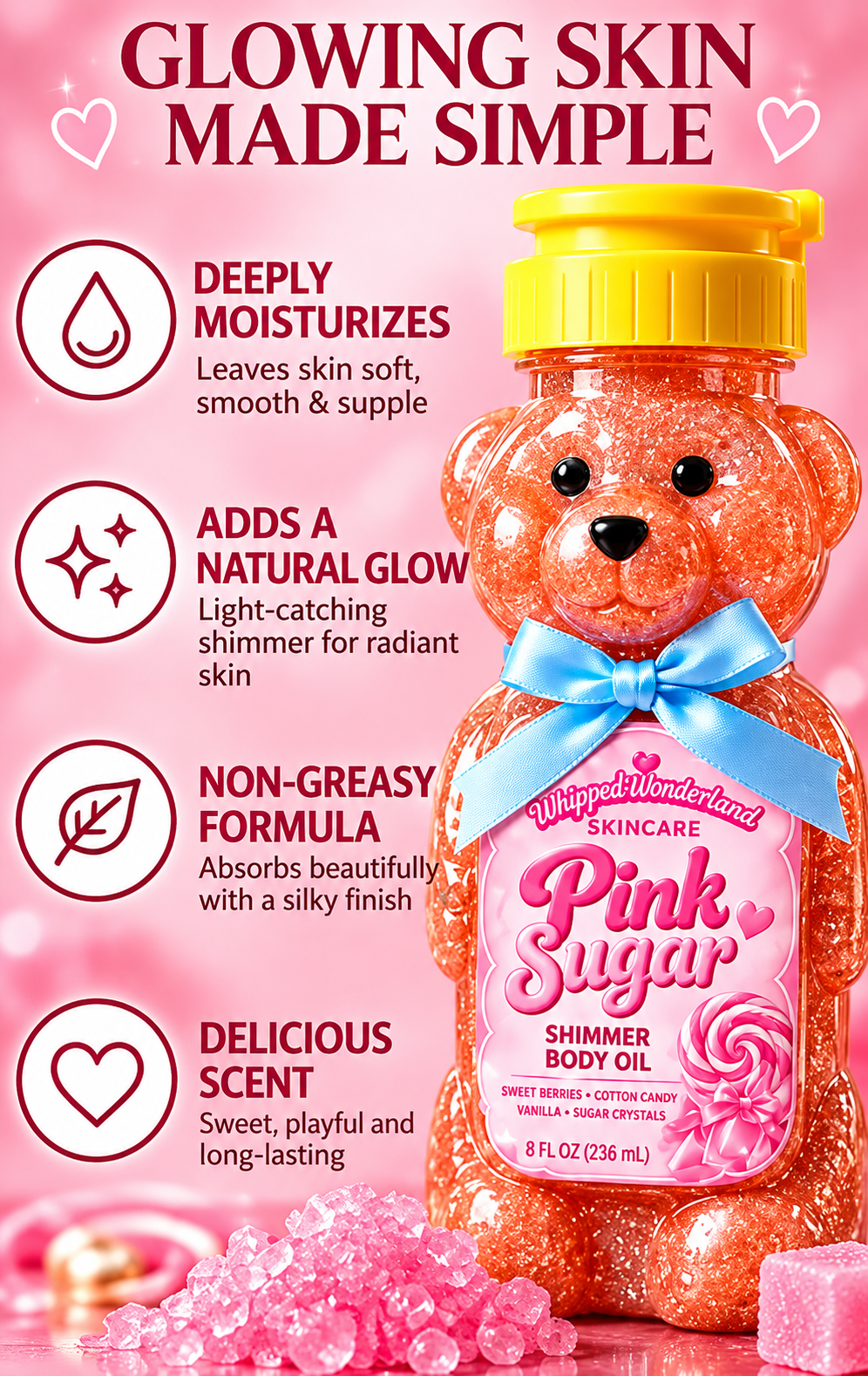 Pink Sugar Shimmer Teddy Bear Body Oil 8oz | Moisturizing Body Glow Oil, Sweet Cotton Candy & Vanilla Scent, Pink Glitter Shimmer