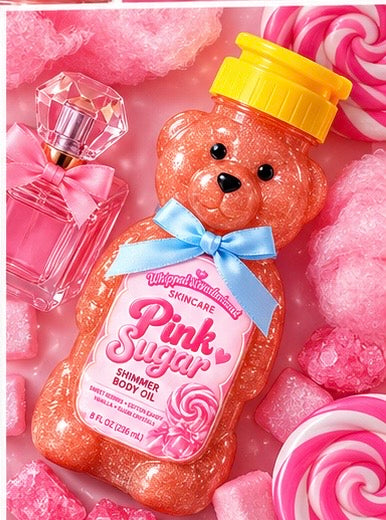 Pink Sugar Shimmer Teddy Bear Body Oil 8oz | Moisturizing Body Glow Oil, Sweet Cotton Candy & Vanilla Scent, Pink Glitter Shimmer
