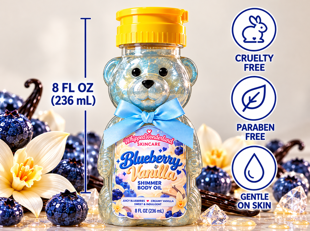 🫐 Blueberry Vanilla Teddy Bear Shimmer Body Oil – Moisturizing Body Glow Oil, Sweet Fruity Vanilla Scent, Radiant Skin Shimmer, 8 oz