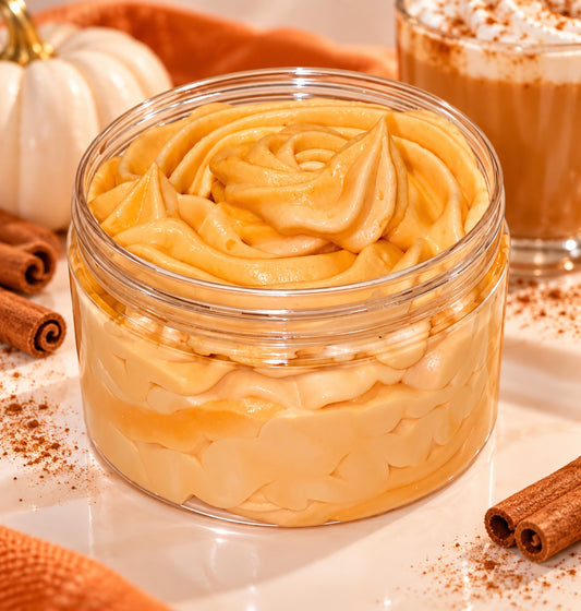 Pumpkin spice Whipped Body Butter by Whippedwonderland Skincare in a moisturizing body care jar