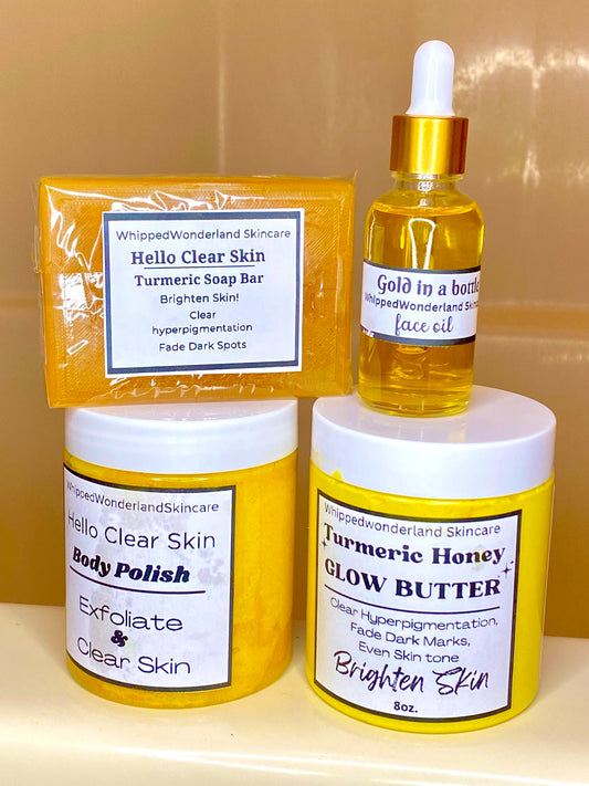 Hello Clear Skin Turmeric Collection by Whippedwonderland Skincare featuring a selection of turmeric-based skincare products